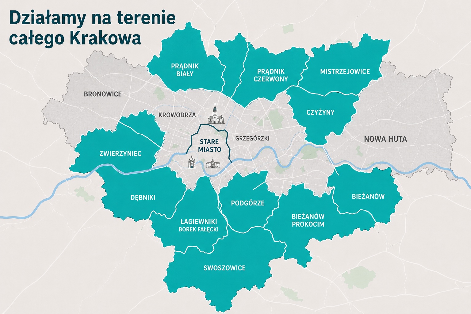 Obszar działania ABC Zabezpieczeń – mapa dzielnic Krakowa